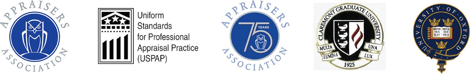 Appraisers Association, Uniform Standards for Professional Appraisal Practice, Appraisers Association 75 Years, Claremont Graduate University, University of Oxford logos