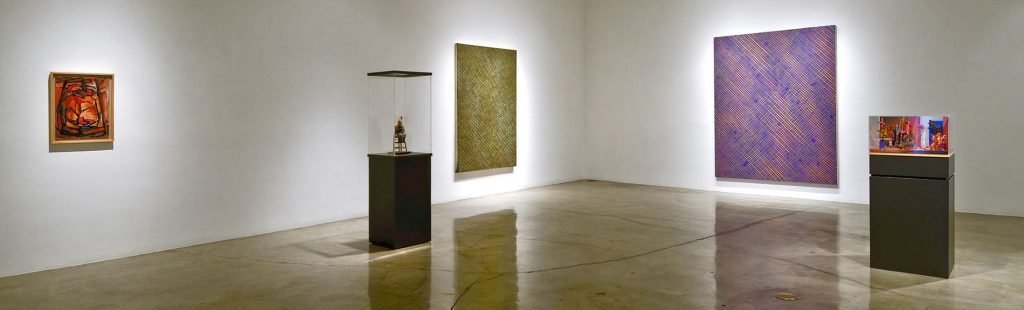 In Their Own Words: Oral Histories of CGU Art (2012), Claremont Graduate University, East Gallery Curated by Jill Thayer, Ph.D. Installation view, l-r: works by Karl Benjamin, John Frame, Ted Kerzie, and Roland Reiss