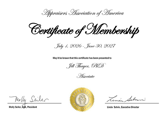 Jill Thayer, PhD, Appraisers Association of America Certificate of Membership 2026-2027