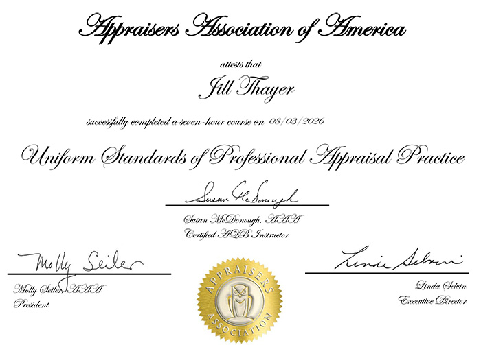 Appraisers Association of America Uniform Standards of Professional Appraisal Practice Certificate Jill Thayer Ph.D.